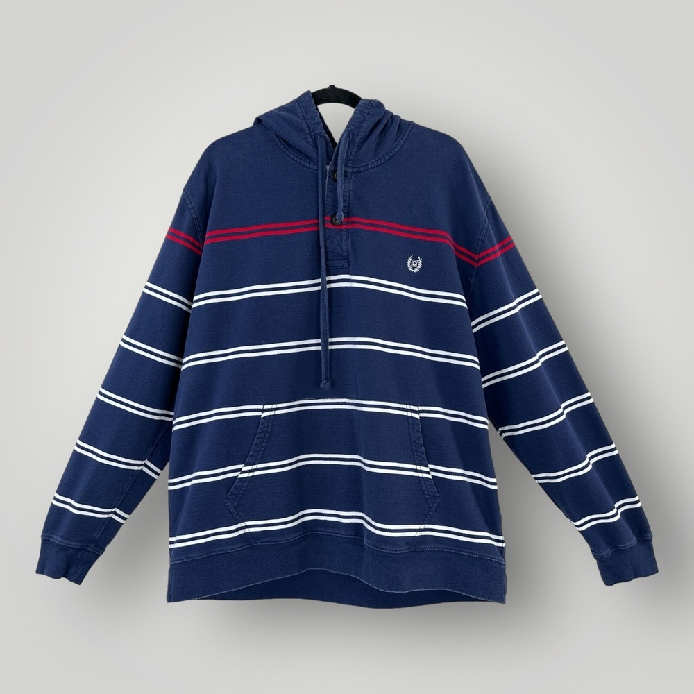 VTG Chaps Ralph Lauren Hoodie Mens 2XL Navy Blue Striped Spellout Sweatshirt